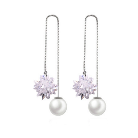 Orecchini a Filo Lunghi in Argento Sterling 925 per Donna Con Fiore in Zirconia e Perla di Conchiglia Bianca Gioielli di Moda