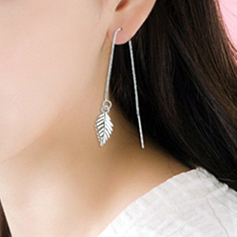 S925 Sterling Silver Leaf Threader Earrings For Women Minimalist Long Tassel Drop Ear Line Sweet Nature Jewelry Gift