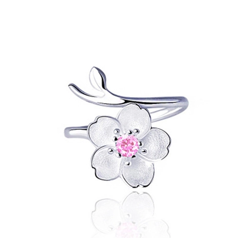 S925 Sterling Silver Cherry Blossom Open Ring For Women Adjustable Korean Style Pink Purple Rhinestone Floral Finger Ring Jewelry Gift