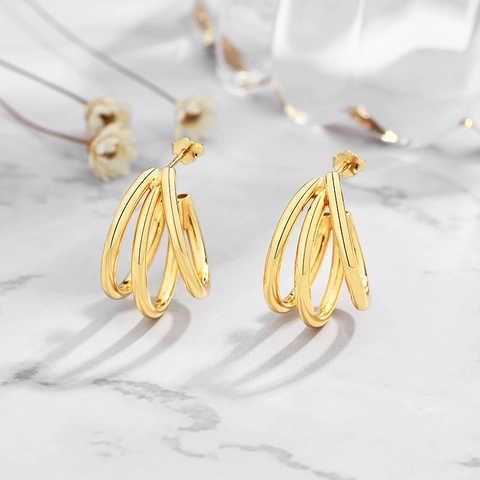 925 Sterling Silver Multilayer Geometric Hoop Stud Earrings Gold Silver Plated Triple Ring Earrings For Women Jewelry