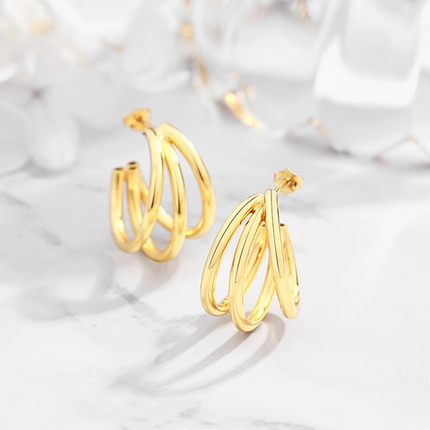 925 Sterling Silver Multilayer Geometric Hoop Stud Earrings Gold Silver Plated Triple Ring Earrings For Women Jewelry
