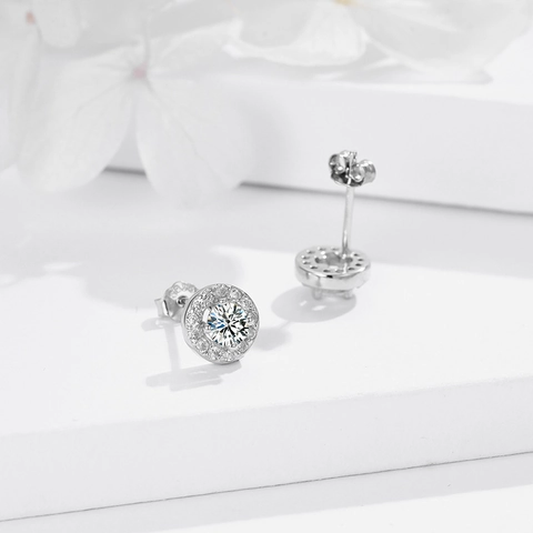 Orecchini a Bottone Halo in Argento Sterling 925 per Donna Con Zirconia Tonda Micro Intarsiata Gioielli Eleganti