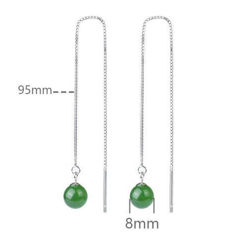 925 Sterling Silver Long Tassel Ear Lines For Women Elegant Green Agate Round Bead Drop Earrings Minimalist Jewelry Accessories