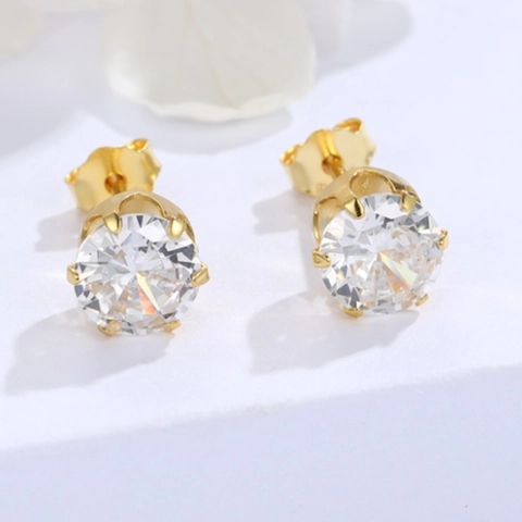 925 Sterlingsilber Vergoldet Sechs-Krallen-Kronen Ohrstecker Für Damen Elegant Rund Zirkonia Eingelegt Mode Schmuck Geschenk