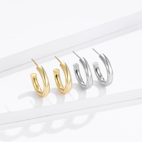 Minimalist 925 Sterling Silver C-Shape Hoop Earrings For Women High Polished Geometric Thick Tube Gold Silver Tone Jewelry