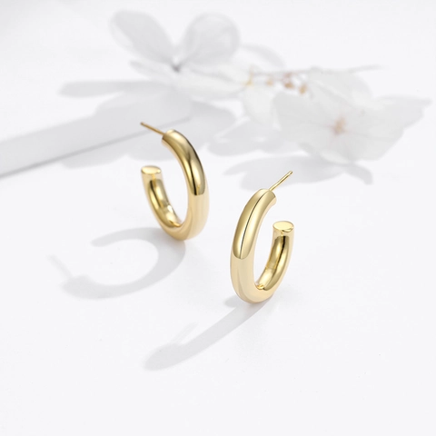 Minimalist 925 Sterling Silver C-Shape Hoop Earrings For Women High Polished Geometric Thick Tube Gold Silver Tone Jewelry