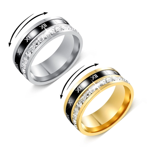 Titanium Steel Roman Numerals Rotatable Ring For Men Women Rhinestone Inlaid Spinner Stress Relief Jewelry Gold Silver Band Ring
