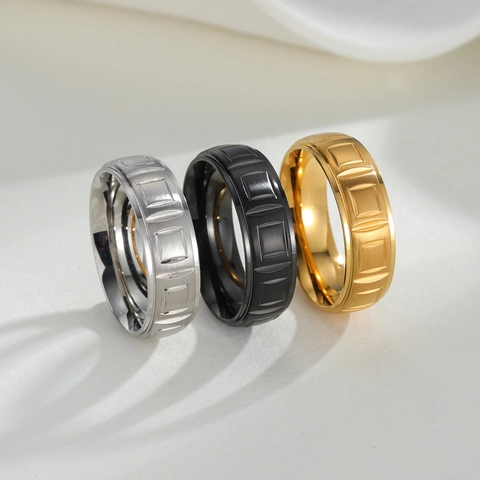Anillo de Acero Inoxidable Vintage para Hombre Mujer Minimalista Cepillado Patrón Geométrico Anillo de Banda Oro Plata Negro Joyería