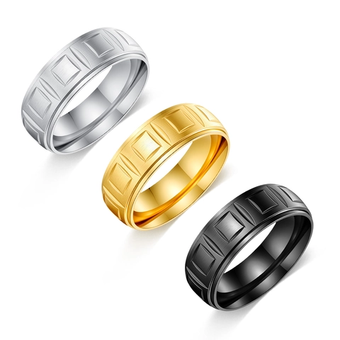 Anillo de Acero Inoxidable Vintage para Hombre Mujer Minimalista Cepillado Patrón Geométrico Anillo de Banda Oro Plata Negro Joyería