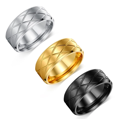 Anillo de Acero Inoxidable con Patrón de Rombos para Hombre Mujer Acabado Cepillado Banda Ancha Chapado en Oro Real Anillo Minimalista