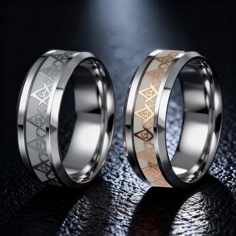 Bague Franc-maçonnerie en Acier Inoxydable Vintage Brille dans le Noir Bande Lumineuse Signe G Maçonnique Bijoux de Mode Bague Unisexe