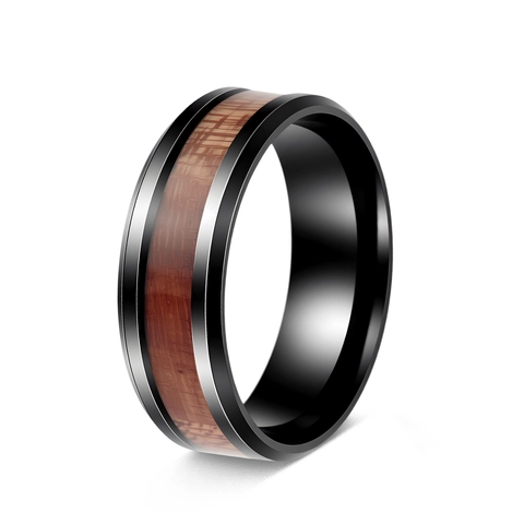 Holz Einlage Edelstahl Ring Für Herren Schwarz Poliertes Band Akazienholz Eingelegt Geometrisch Retro Modeschmuck Zubehör