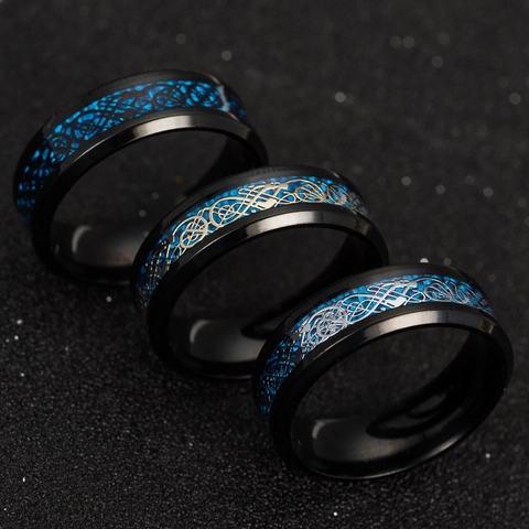 Anello in Acciaio al Titanio Drago Celtico Intarsio in Fibra di Carbonio Uomo Moda Punk Matrimonio Nero Oro Argento Blu Gioielli Vintage