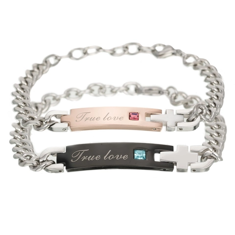 Titanium Steel Couple Bracelet With True Love Engraving Zirconia Inlay Cross Pendant Jewelry Lovers Gift Black Rose Gold
