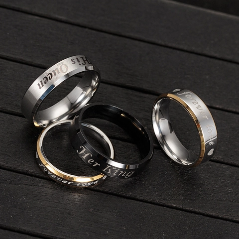 Anillo de Acero Inoxidable Grabado His Queen Her King Forever Love para Parejas Anillos de Banda con Letras y Corazón Joyería de Regalo para Bodas