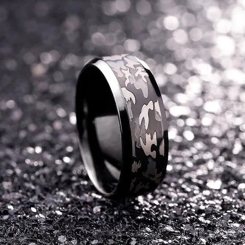 Stainless Steel Camouflage Band Ring For Men Women Black Electroplated Military Style Punk Fashion Finger Ring Jewelry