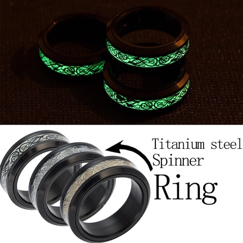 Lichtgevende Titanium Staal Keltisch Drakenpatroon Spinner Ring Voor Dames Heren Punk Glow In The Dark Roterende Stressverlichting Ring Sieraden