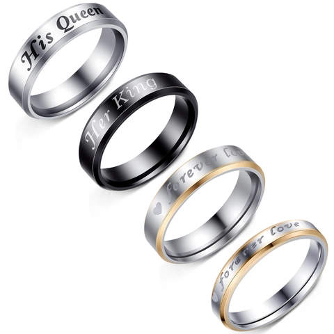 Anillo de Acero Inoxidable Grabado His Queen Her King Forever Love para Parejas Anillos de Banda con Letras y Corazón Joyería de Regalo para Bodas
