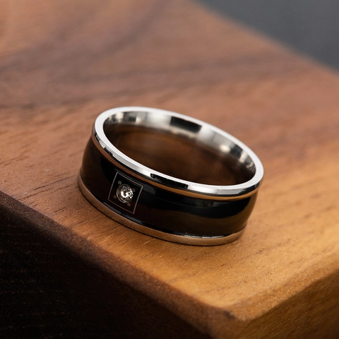 Anello in Acciaio Inossidabile 316L con Zirconia per Uomo Donna Anello a Fascia Bicolore Argento Nero Intarsiato Gioielli Quotidiani