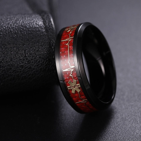 Herren Titanstahl Ring Rote Kohlefaser EKG Herzschlag Star Of Life Medizinische Zeichen Schwarz Poliert Band Mode Schmuck