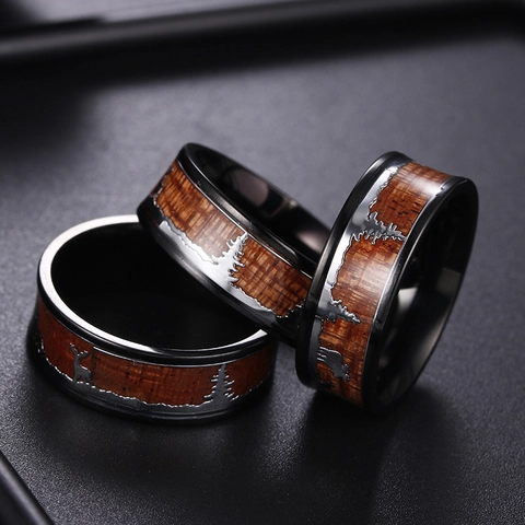 Titanstahl Holzeinlage Elch Wald Ring Für Herren Vintage Outdoor Wilderness Tier Muster Weihnachten Schmuck Band Geschenk