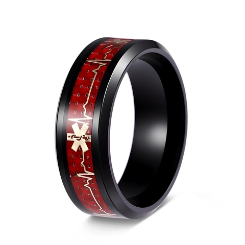 Herren Titanstahl Ring Rote Kohlefaser EKG Herzschlag Star Of Life Medizinische Zeichen Schwarz Poliert Band Mode Schmuck