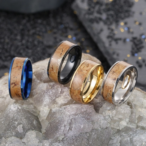 Vintage Edelstahl Ring Mit Holzeinlage Für Herren Goldfolie Rissige Textur Breitband Mode Schmuck Unisex Geschenk