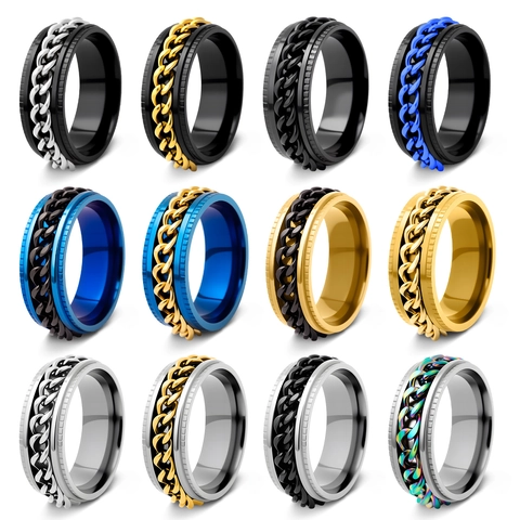 Stainless Steel Spinner Ring For Men Women Rotatable Chain Design Stress Relief Punk Band Ring Fashion Jewelry Gift