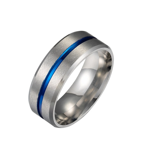 Anello in Acciaio Inossidabile Spazzolato Con Linea Centrale Blu Finitura Opaca Comfort Fit Gioielli di Moda per Uomo Donna
