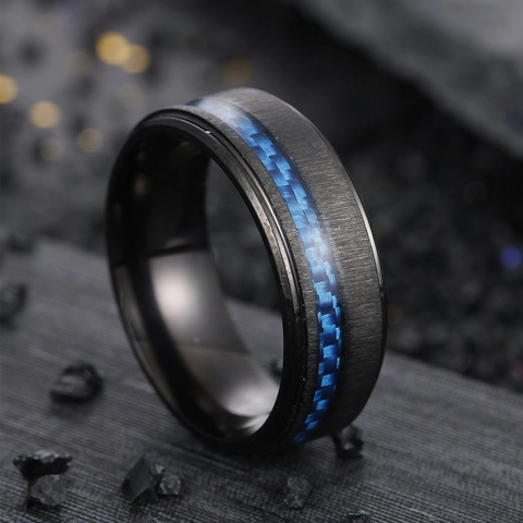 Herren Edelstahl Ring Gebürstetes Matt-Finish Blaue Kohlenstofffaser Einlage Bandring Punk Moderner Mode Fingerschmuck Für Jungen