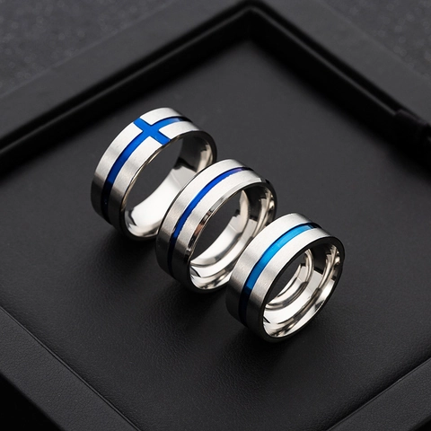 Anello in Acciaio Inossidabile Spazzolato Con Linea Centrale Blu Finitura Opaca Comfort Fit Gioielli di Moda per Uomo Donna