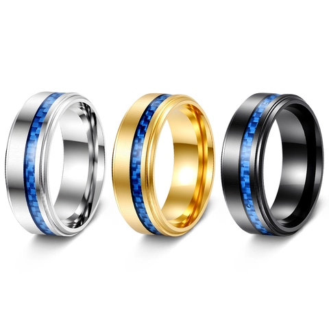 Herren Edelstahl Ring Gebürstetes Matt-Finish Blaue Kohlenstofffaser Einlage Bandring Punk Moderner Mode Fingerschmuck Für Jungen