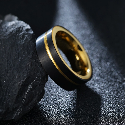 8mm Titanstahl Ring Für Herren Zweifarbig Schwarz Gold Galvanisiert Matt Gebürstet Mode Band Minimalistisch Schmuck Ring