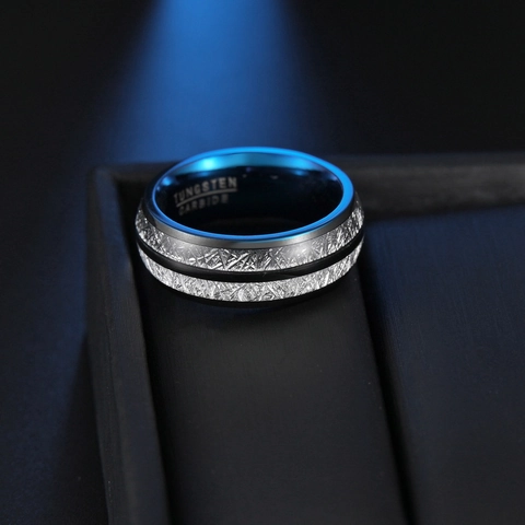 Men Tungsten Carbide Ring Blue Inner Band Silver Foil Inlay Black Groove Comfort Fit Wedding Engagement Band Jewelry Gift