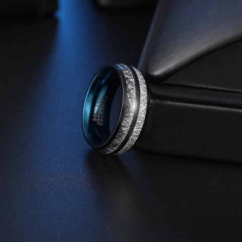 Men Tungsten Carbide Ring Blue Inner Band Silver Foil Inlay Black Groove Comfort Fit Wedding Engagement Band Jewelry Gift