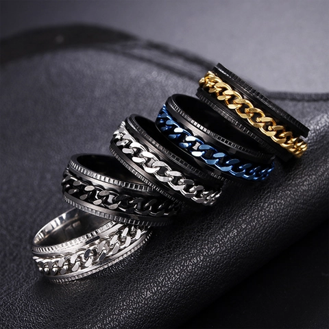 Stainless Steel Spinner Ring For Men Women Rotatable Chain Design Stress Relief Punk Band Ring Fashion Jewelry Gift