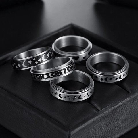 Stainless Steel Spinner Ring For Anxiety Stress Relief Celestial Sun Moon Star Heart Meditation Band Unisex Fashion Jewelry