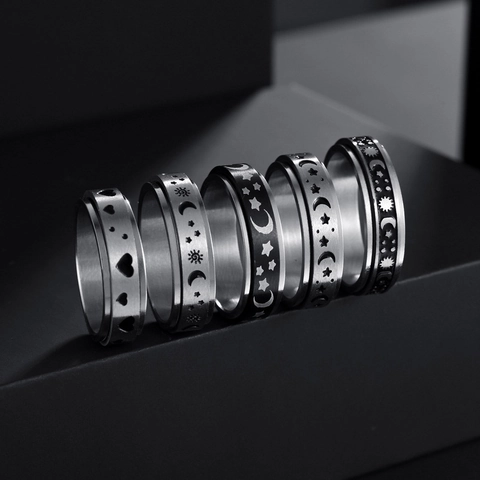 Stainless Steel Spinner Ring For Anxiety Stress Relief Celestial Sun Moon Star Heart Meditation Band Unisex Fashion Jewelry
