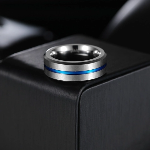 Anello da Uomo in Acciaio al Titanio Spazzolato Solco Blu Finitura Opaca Anello alla Moda per Gioielli da Uomo Accessorio Casual