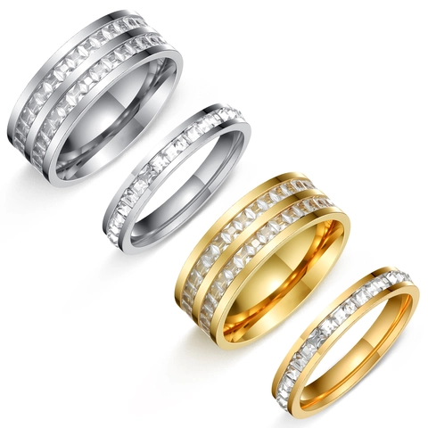 Anillo Eternity de Acero Inoxidable Con Circonia Pavé Corte Cuadrado Fila Simple Doble Oro Plata Oro Rosa Joyería Mujer