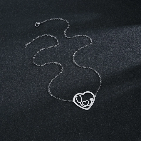 Minimalistische Titanium Staal Stethoscoop Hart Hanger Halsketting Zilver Gepolijst Verpleegkundige Medische Sieraden Voor Vrouwen