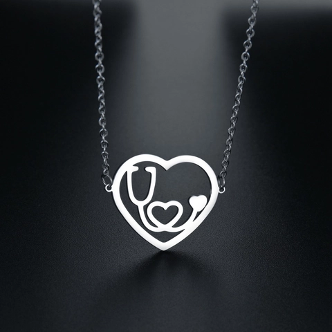 Minimalistische Titanium Staal Stethoscoop Hart Hanger Halsketting Zilver Gepolijst Verpleegkundige Medische Sieraden Voor Vrouwen