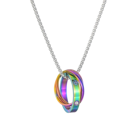 Collana Pendente in Acciaio al Titanio Multicolore Con Tre Anelli Intrecciati Motivo a Vite Strass per Uomo Donna Gioielli