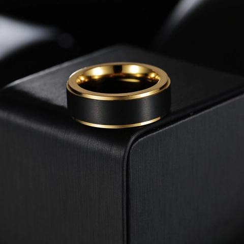 Men Titanium Steel Ring Two Tone Black Gold Vacuum Plated Brushed Matte Simple Band Fashion Men Ring Jewelry Wedding Band