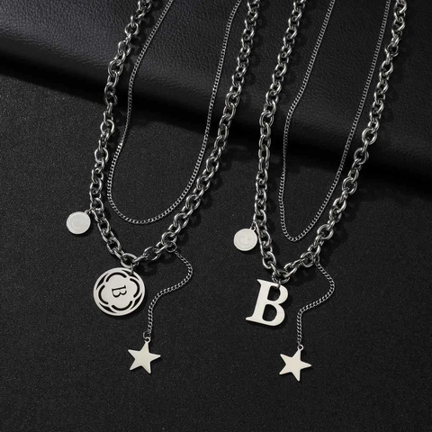 Punk Titanium Steel Double Layer Letter B Pendant Necklace Silver Tone Cuban Chain Hip Hop Star Jewelry For Men Women
