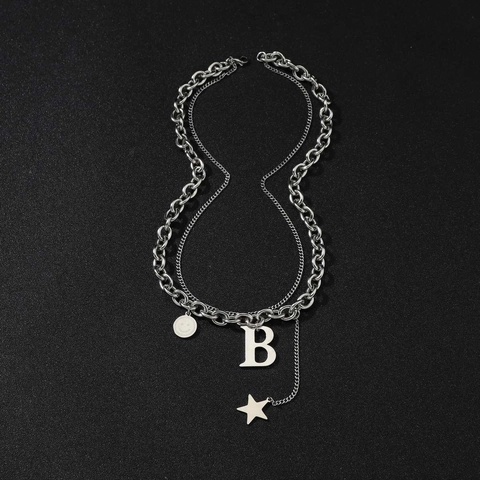 Punk Titanium Steel Double Layer Letter B Pendant Necklace Silver Tone Cuban Chain Hip Hop Star Jewelry For Men Women