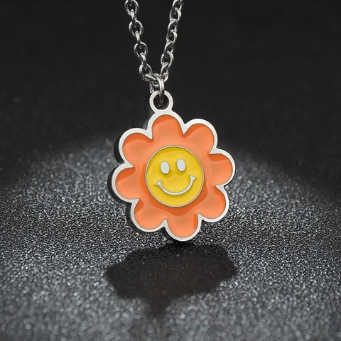 Titaniumstaal Smiley Gezicht Bloem Hanger Halsketting Zonnebloem Emaille Druppelende Olie Unisex Trendy Mode Sieraden