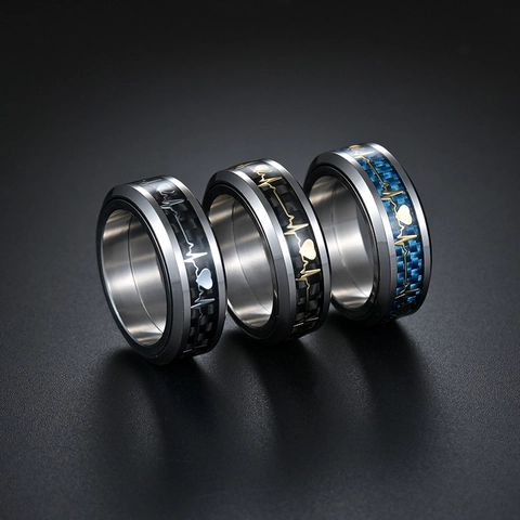 Anello Rotante al Titanio con Battito Cardiaco per Uomo Donna Intarsio in Fibra di Carbonio Anello Spinner Antistress Gioielli con Motivo a Cuore