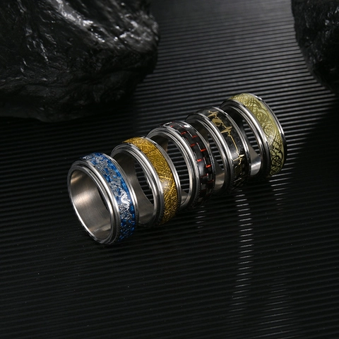Stainless Steel Spinner Ring Rotatable Anxiety Stress Relief Luminous Dragon Carbon Fiber Pattern Men Fashion Punk Style