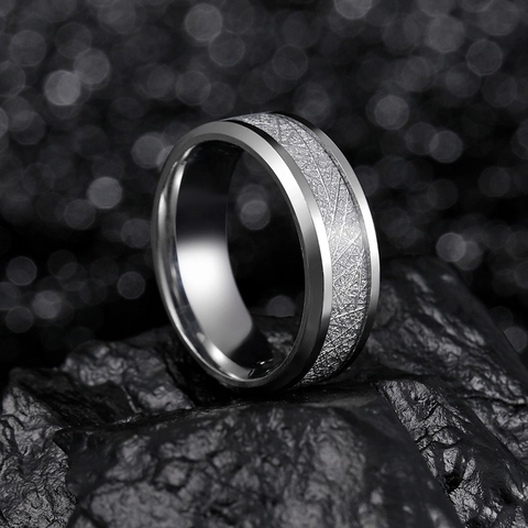 Fashion Men Titanium Steel Ring With Meteorite Texture Inlay Polished Industrial Style Band Ring For Women Men Unisex Jewelry Finger Accessories Gift